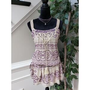 Freelance Tunic Top Womens Large White Purple Print Smocked Waist Ruffle Hem